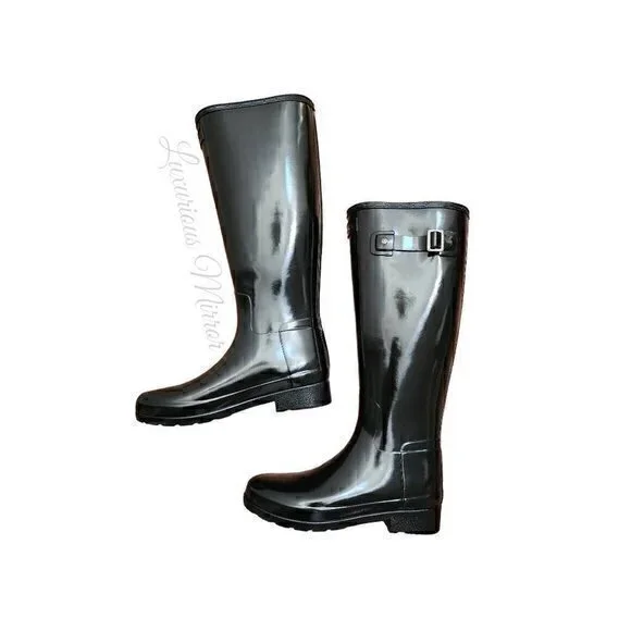 Hunter Womens Tall Gloss Rain Boots 6 Black Rubber Mid Calf Block Buckle New - Picture 1 of 8
